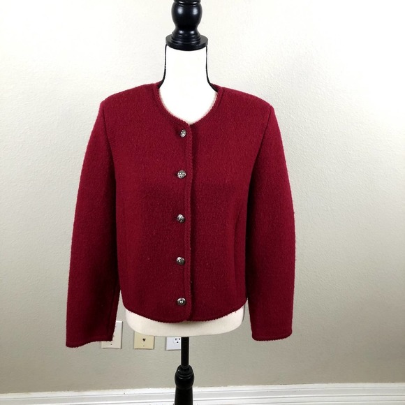 Vintage Carol Reed Blazer Jacket Red Wool Cropped Silver Detail Buttons Size 8 - Picture 12 of 12